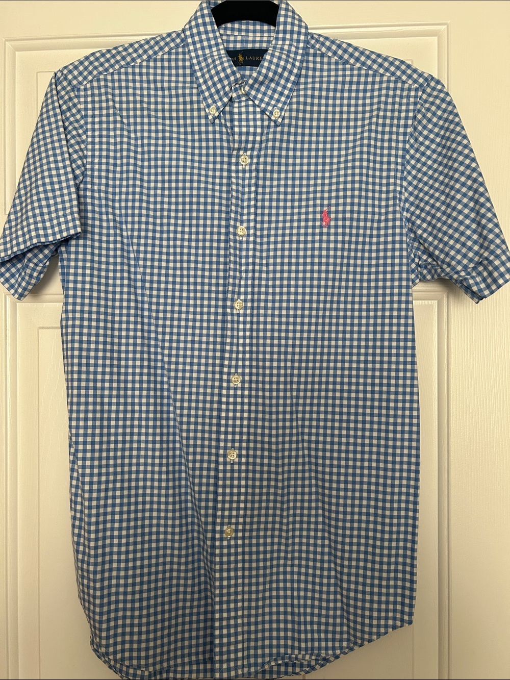 Ralph Lauren Blue and White Gingham Short-Sleeve Button-Down Shirt
